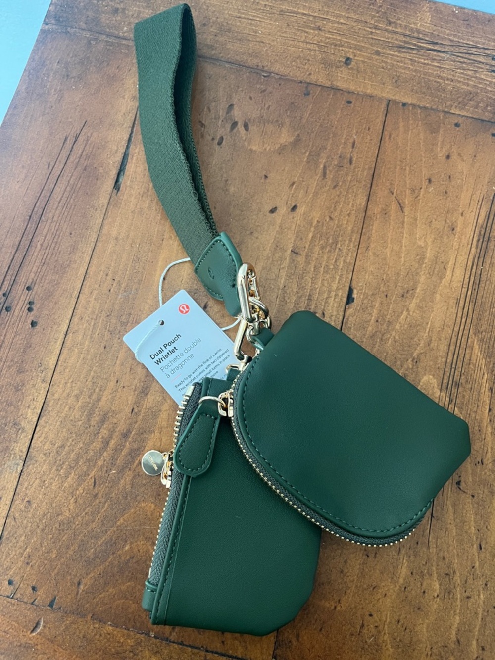 lululemon Leather Dual Pouch Wristlet in Forest Green with Gold Hardware - Picture 2 of 2